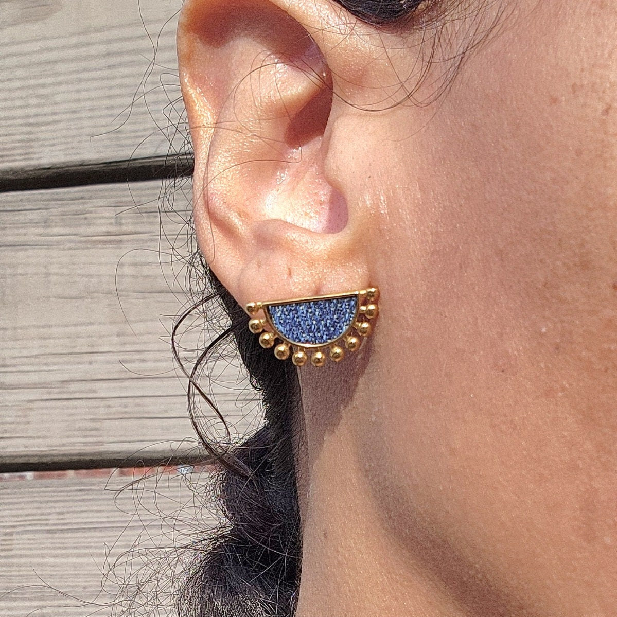 Denim jean fan post Earrings AND Gold stainless steel Necklace SET