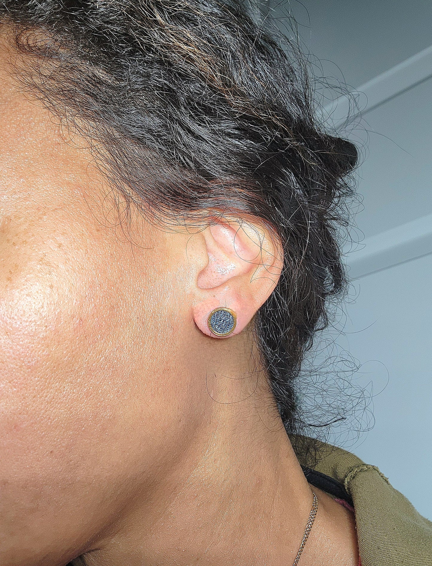 Denim Earrings- Bold Round 8mm Pendant Jean Stud