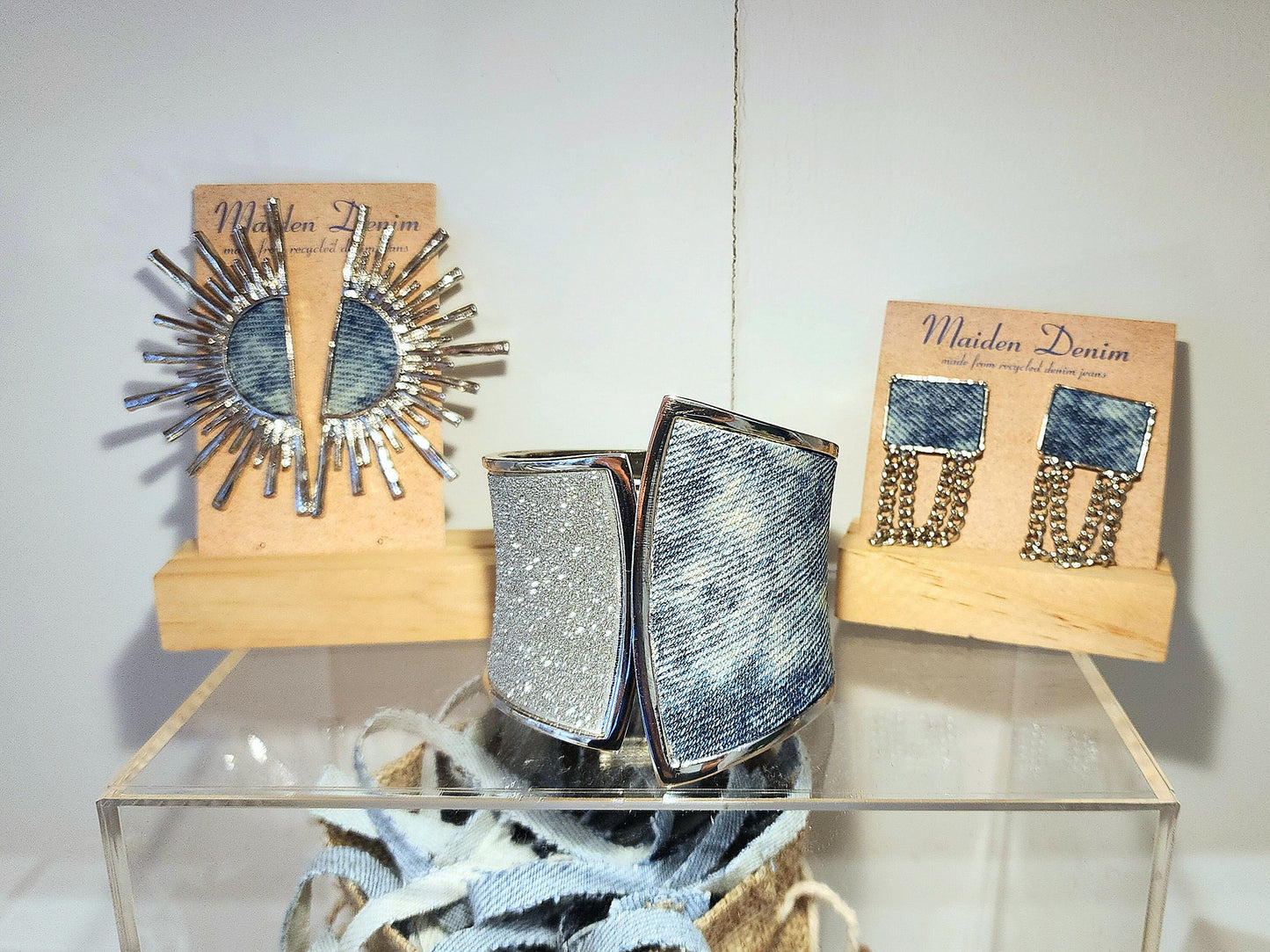 Denim Bracelet- Silver plated glitter acid washed jean cuff bracelet