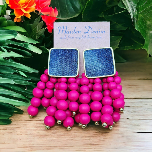 Denim Square Stud Bead Tassel Earrings- Gold plated Jean HOT PINK