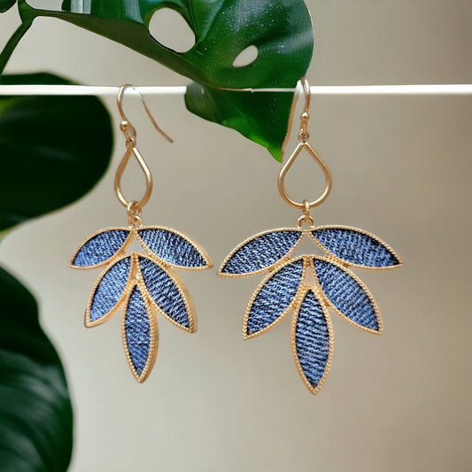 Denim Dangle Earrings- Leaf Jean gold earrings