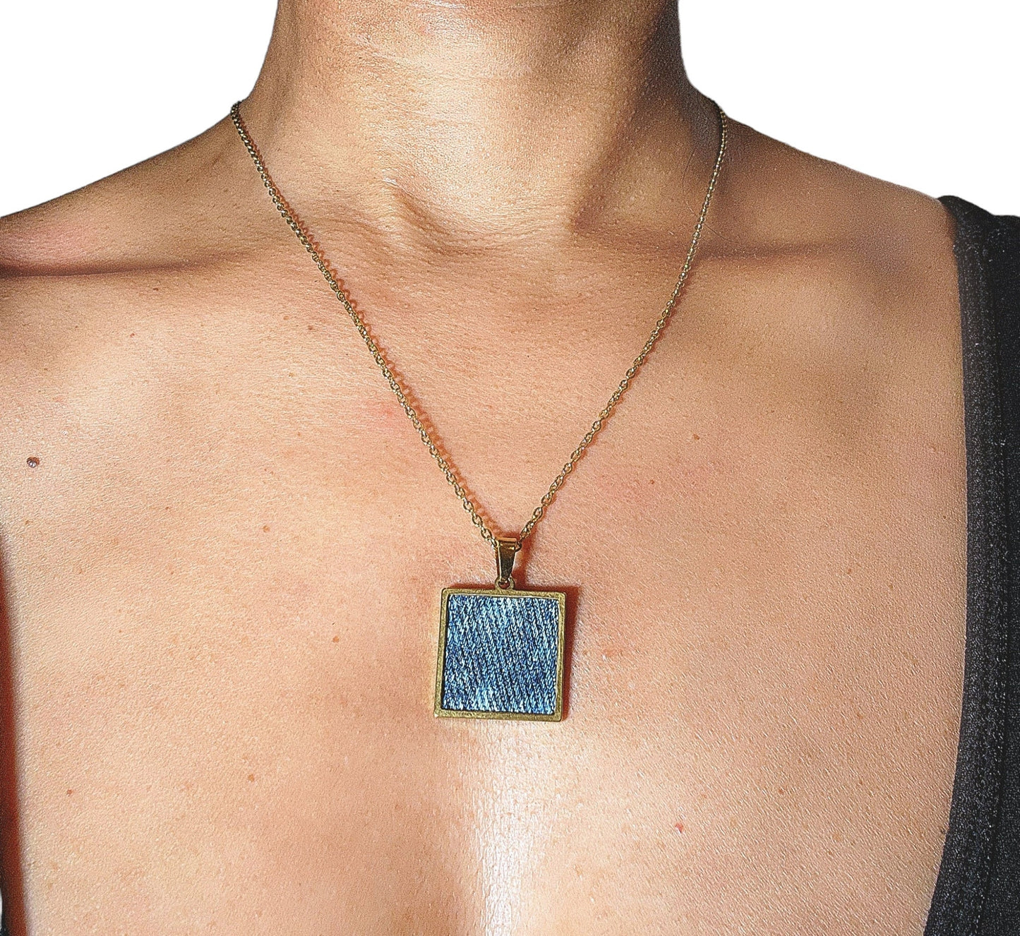 Denim Necklace- Stainless steel Gold Square acid wash Denim Pendant