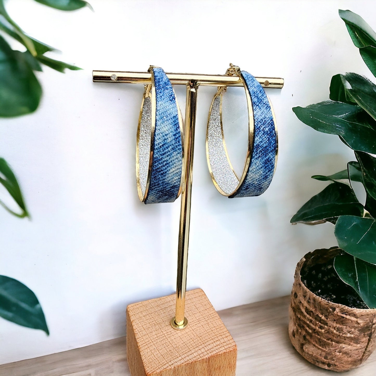 Denim Earrings- Denim hoop jean earrings Acid washed GOLD plated