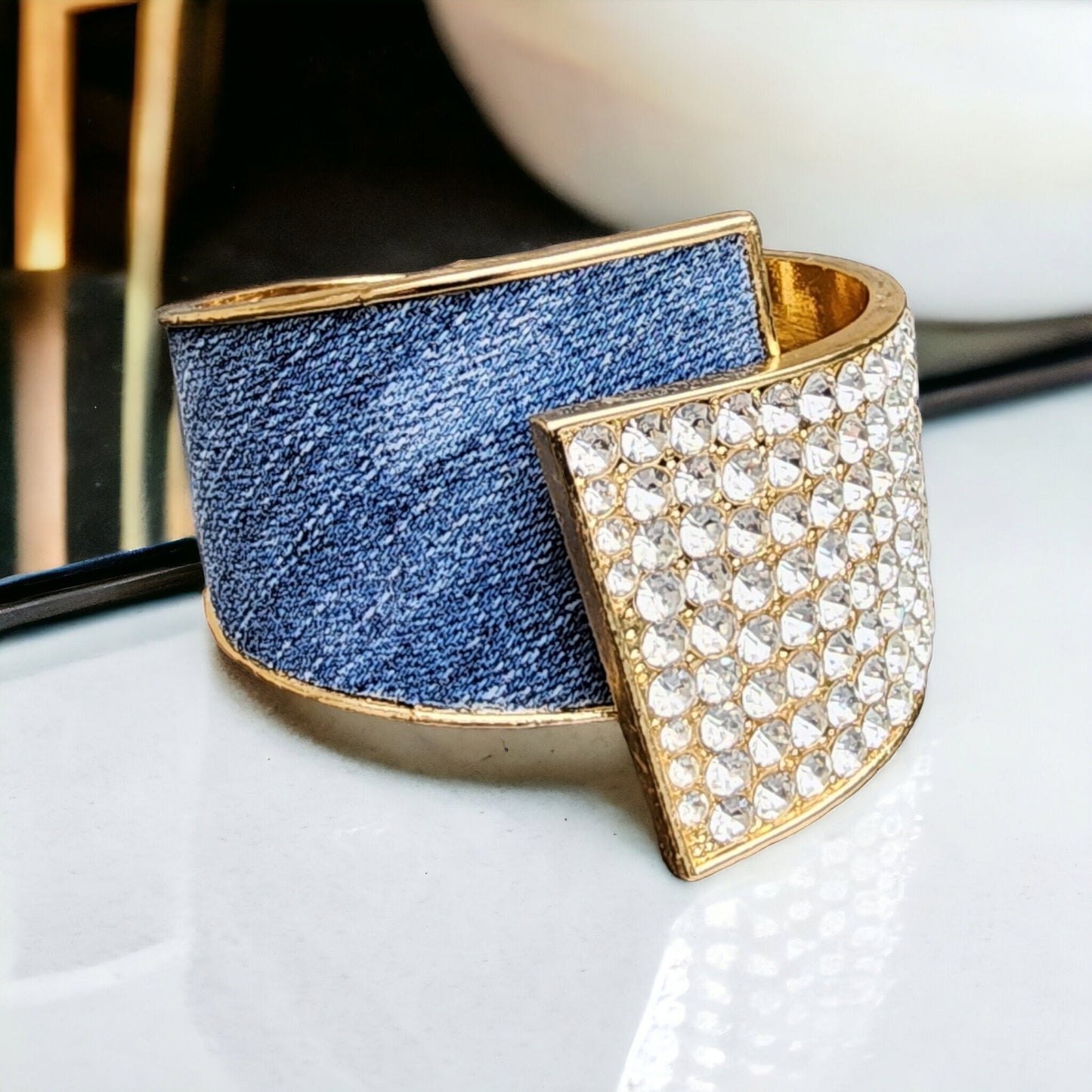 Denim Bracelet- Rhinestone Gold plated med washed jean cuff bracelet