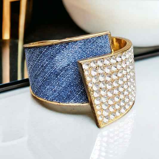Denim Bracelet- Rhinestone Gold plated med washed jean cuff bracelet