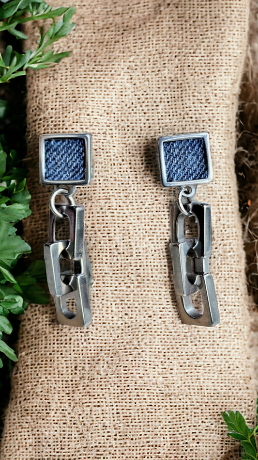 Denim Square post dangle chain Earrings- Silver stainless steel Jean