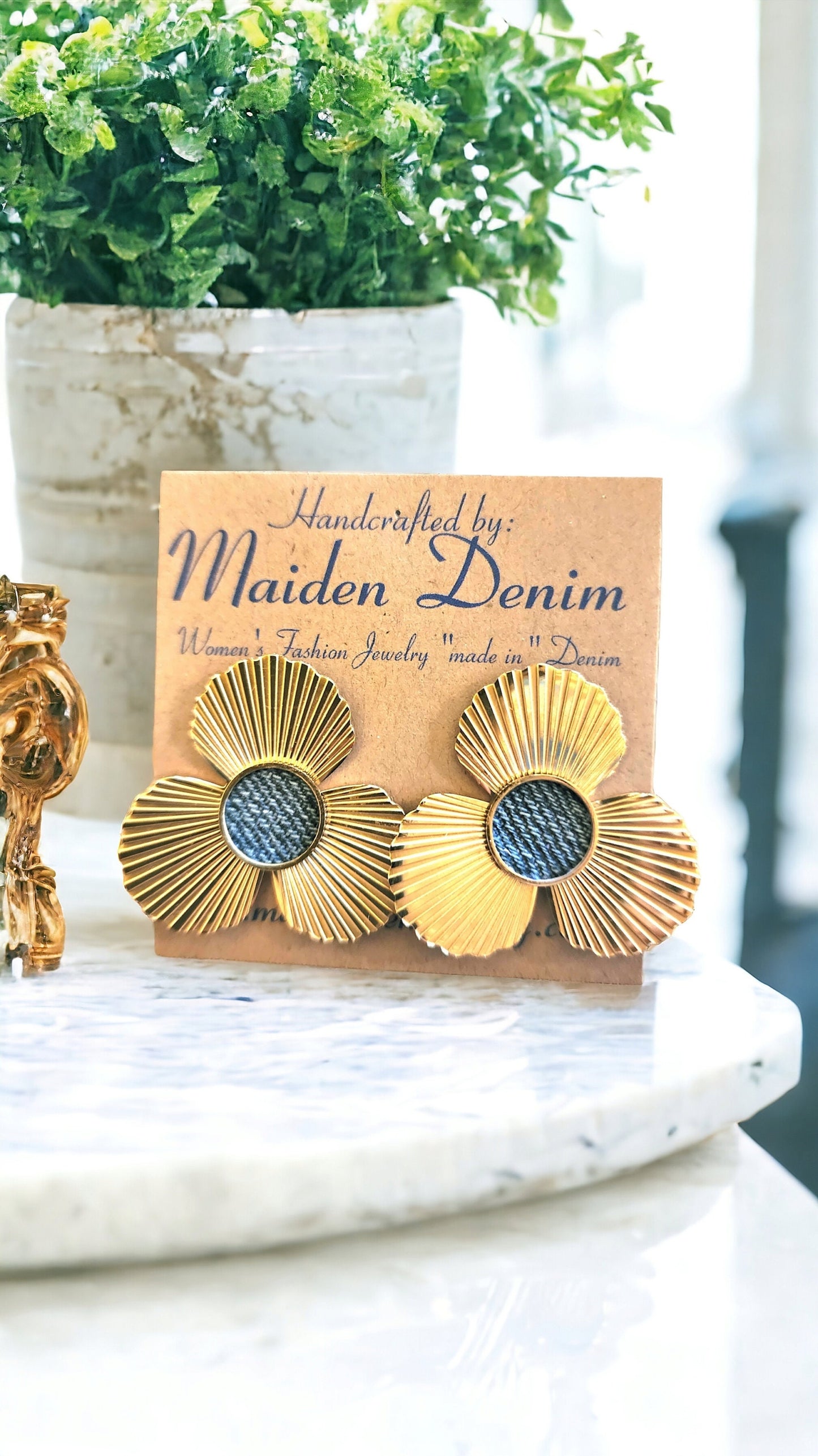 Denim Round post flower Earrings- Gold stainless steel Jean