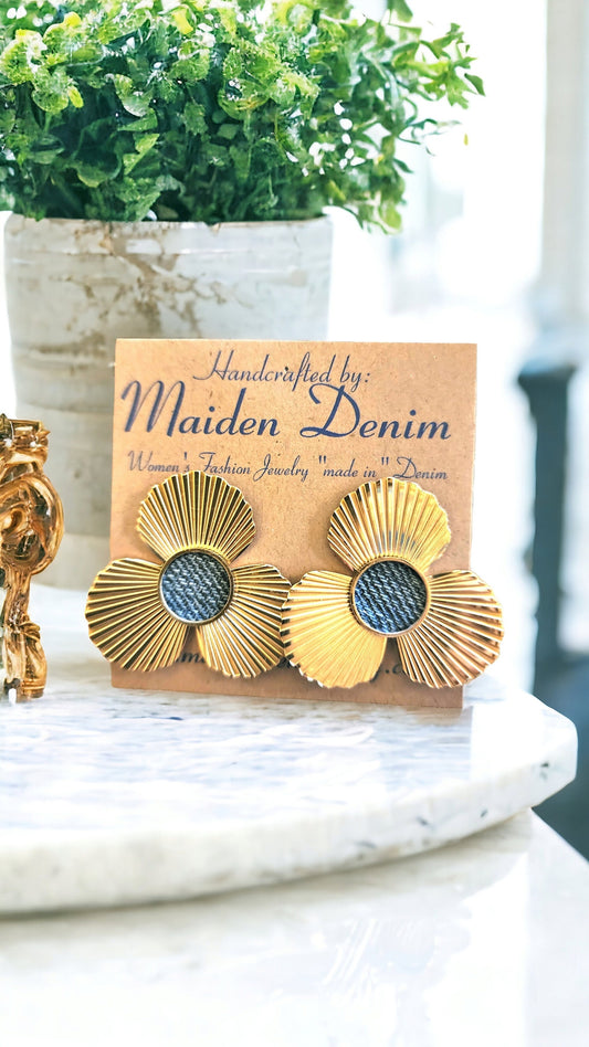 Denim Round post flower Earrings- Gold stainless steel Jean