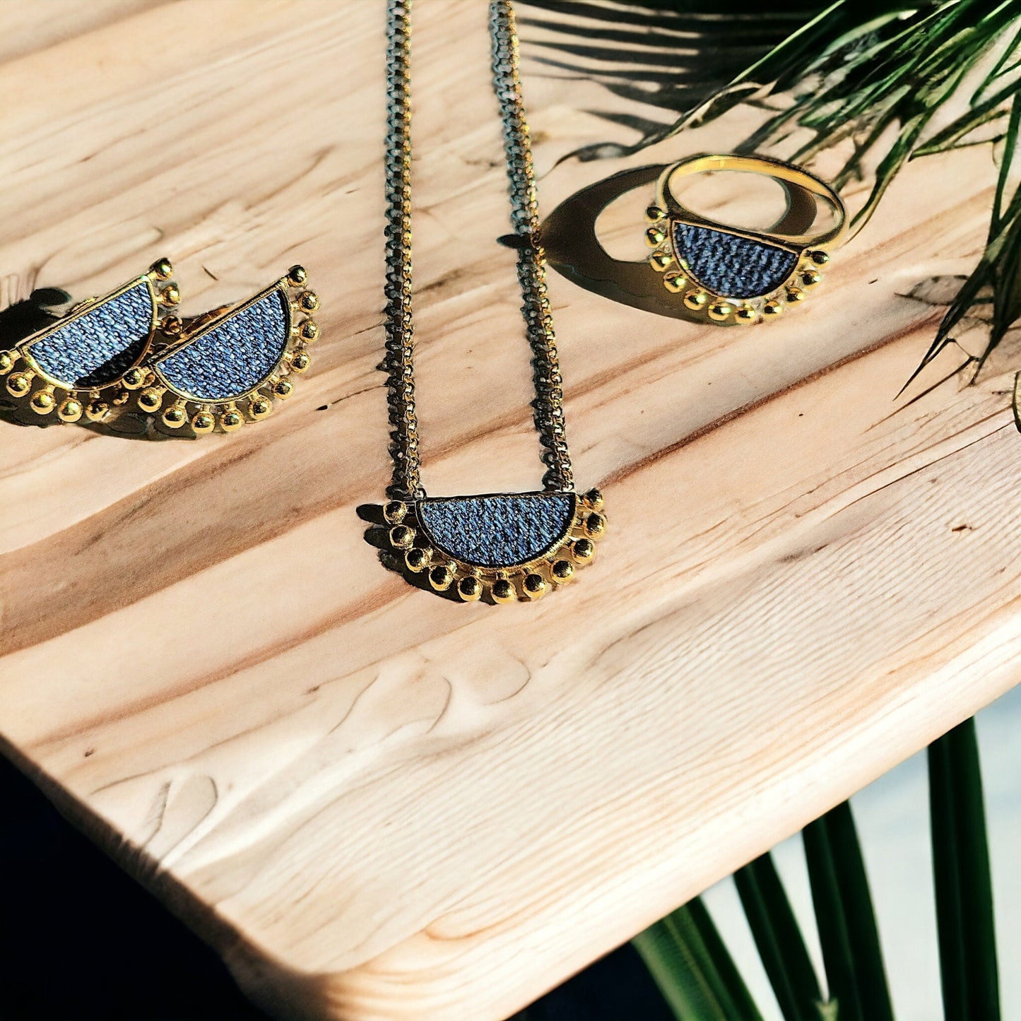 Denim jean fan post Earrings AND Gold stainless steel Necklace SET