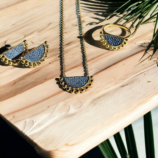 Denim jean fan post Earrings AND Gold stainless steel Necklace SET