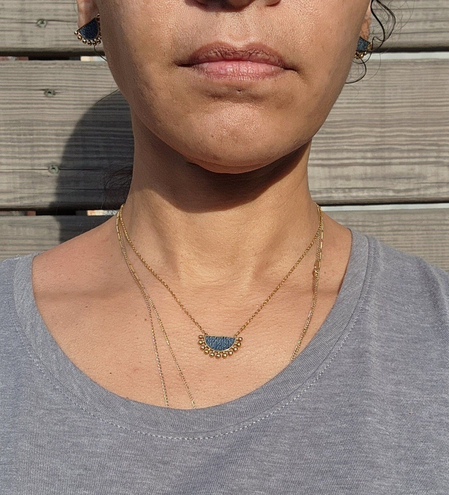 Denim jean fan post Earrings AND Gold stainless steel Necklace SET