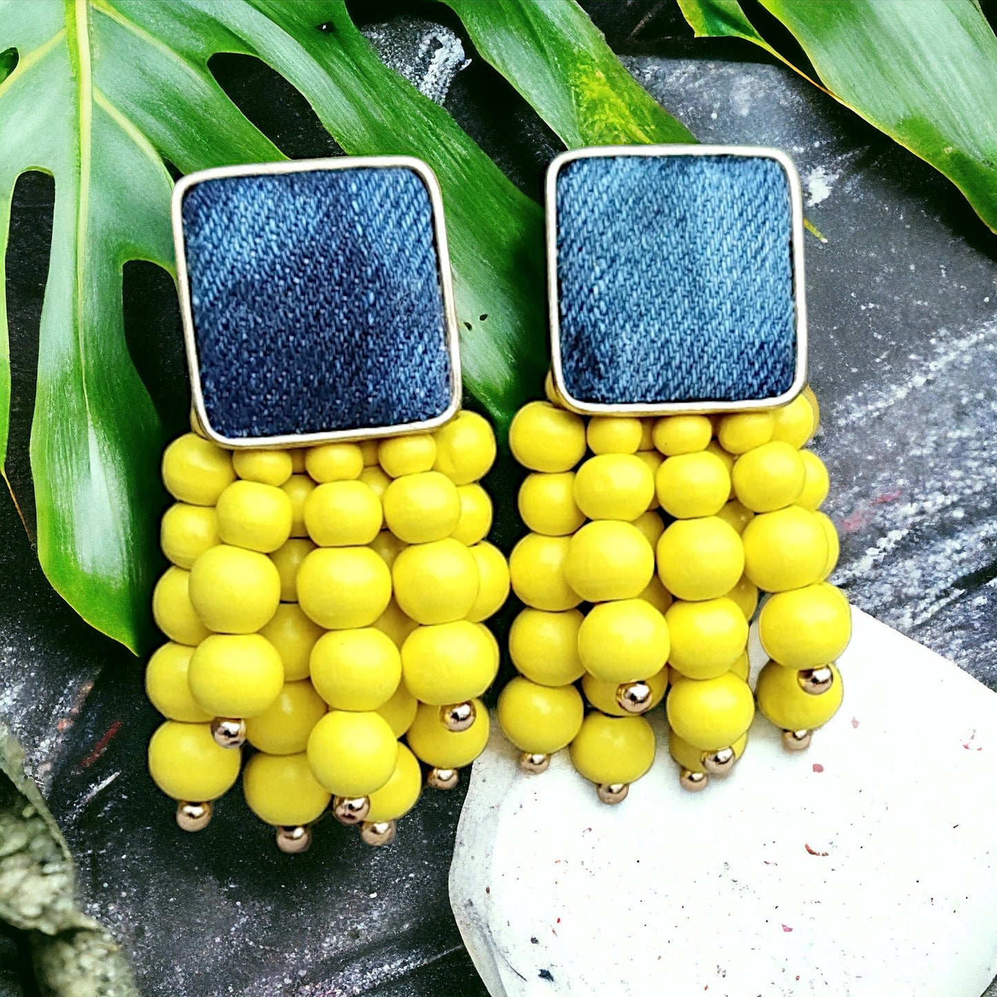 Denim Square Stud Bead Tassel Earrings- Gold plated Jean YELLOW