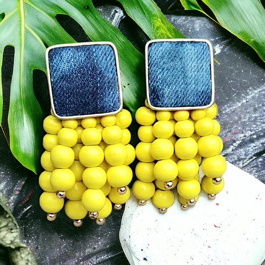 Denim Square Stud Bead Tassel Earrings- Gold plated Jean YELLOW