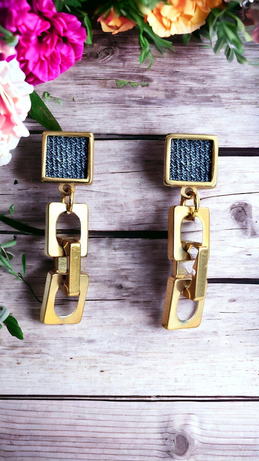 Denim Square post dangle chain Earrings- Gold stainless steel Jean