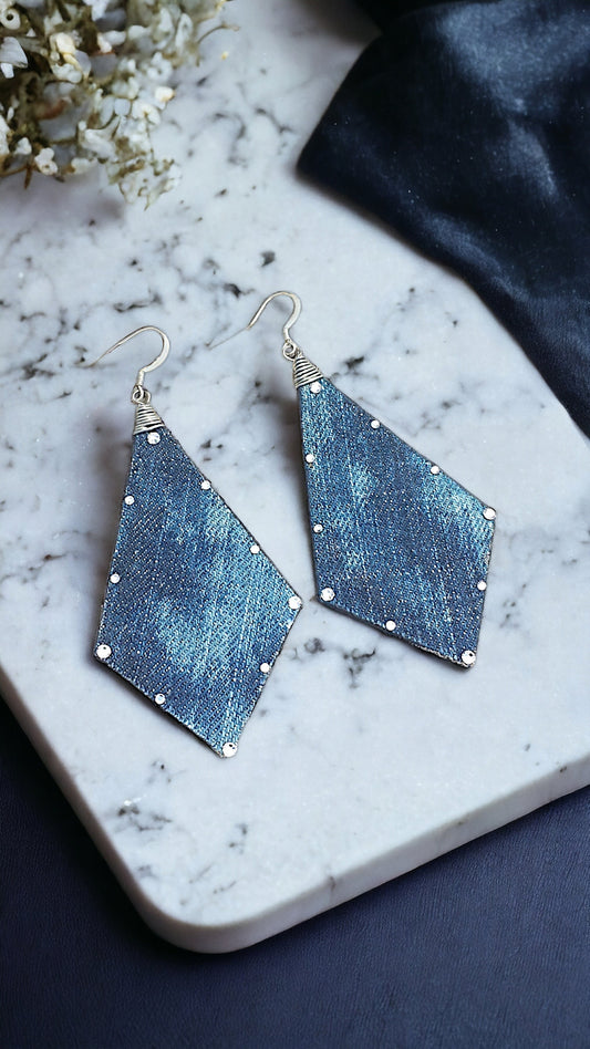 Denim Earrings- Couture Bleached Washed Jeans Arrow Triangle Crystal