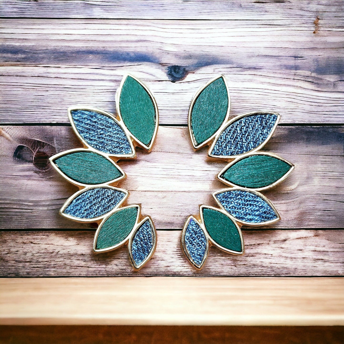 Denim Stud Earrings- Leaf wreath Gold and wood Jean earrings