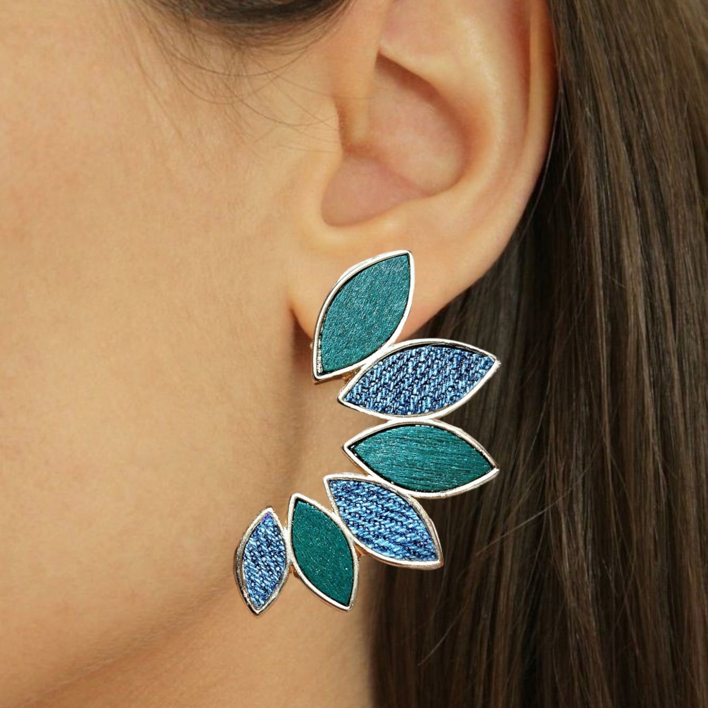 Denim Stud Earrings- Leaf wreath Gold and wood Jean earrings