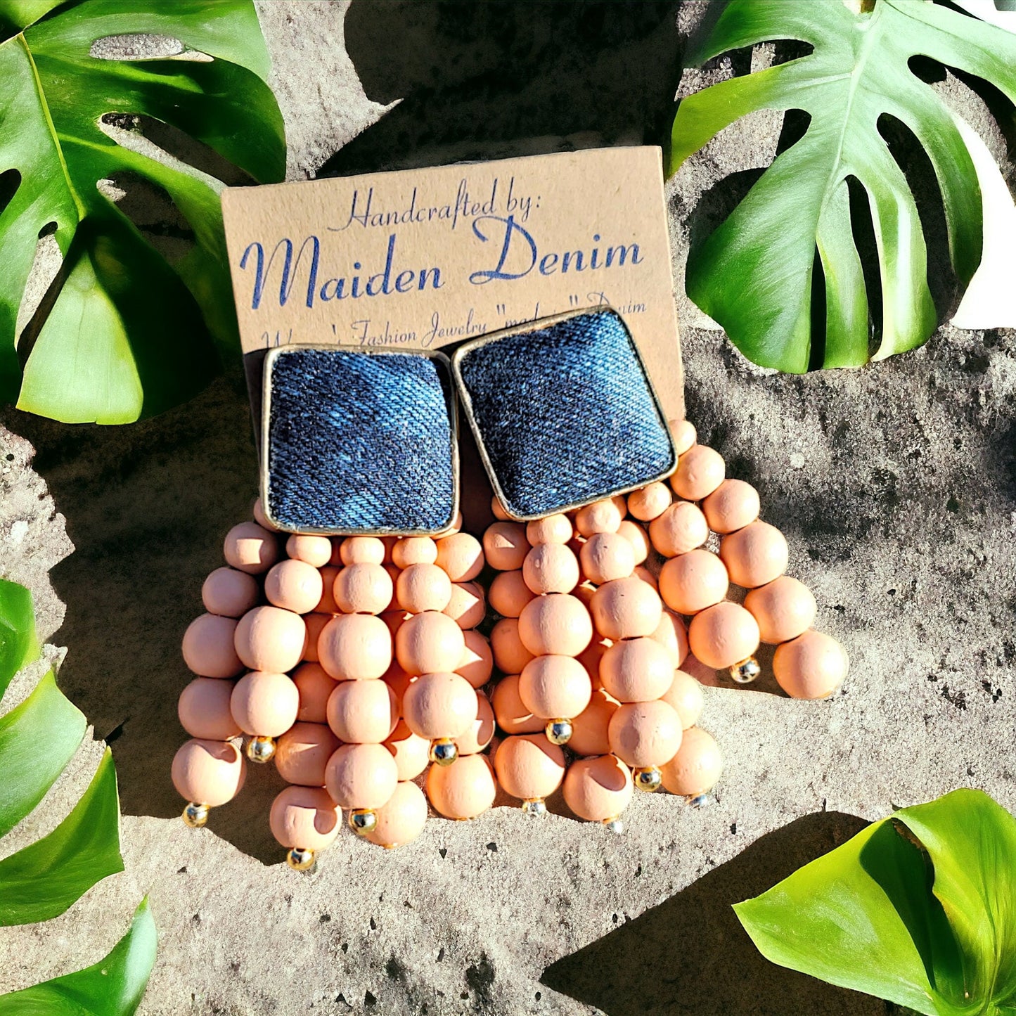 Denim Square Stud Bead Tassel Earrings- Gold plated Jean PEACH