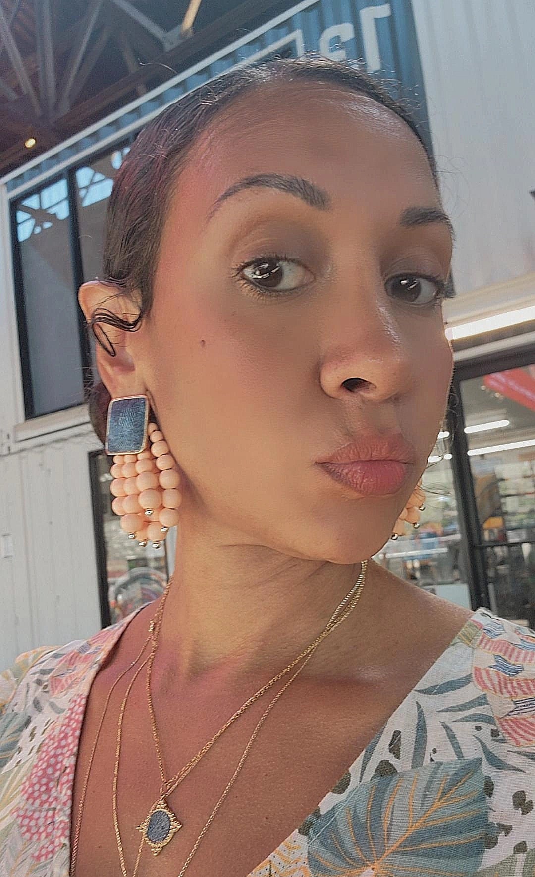 Denim Square Stud Bead Tassel Earrings- Gold plated Jean PEACH