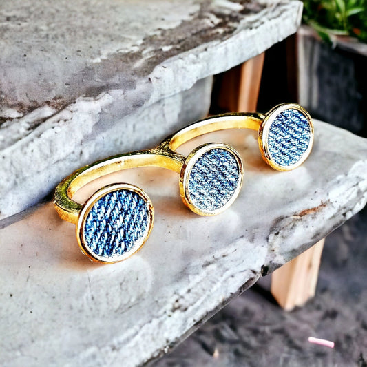 Denim Ring- 10 mm triple round 2 finger gold plated finger Jean  Ring