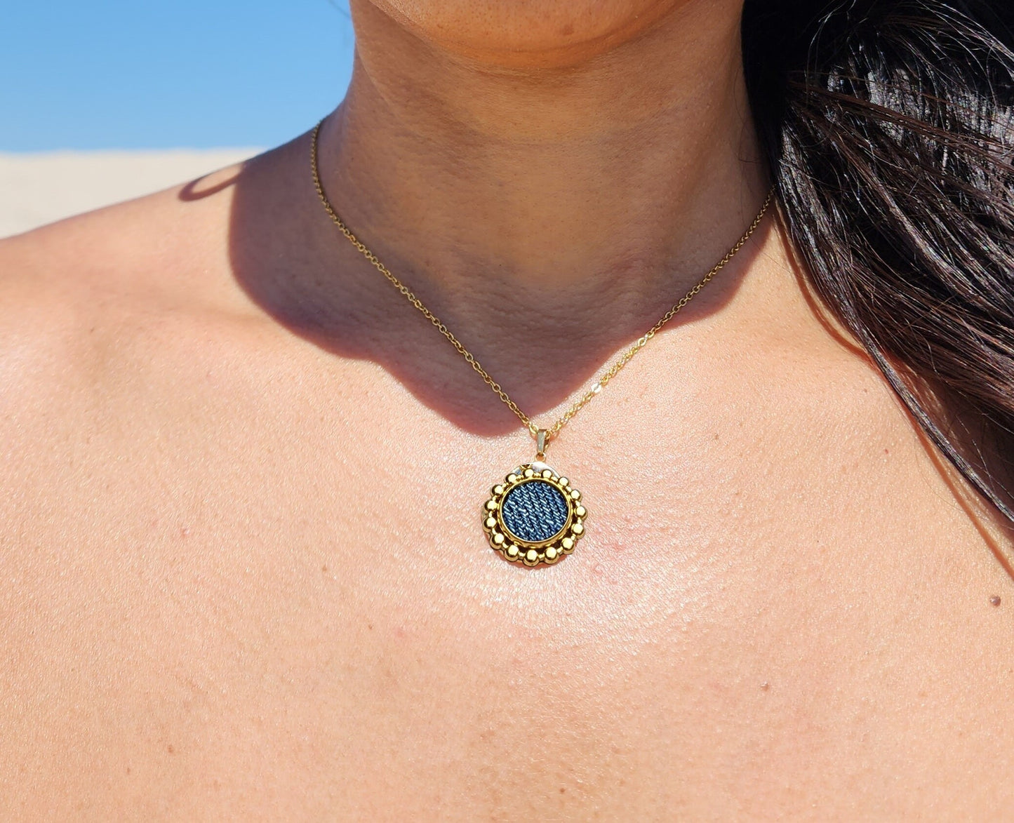 Denim Necklace- Stainless steel 18K gold round denim daisy Pendant thin chain choker