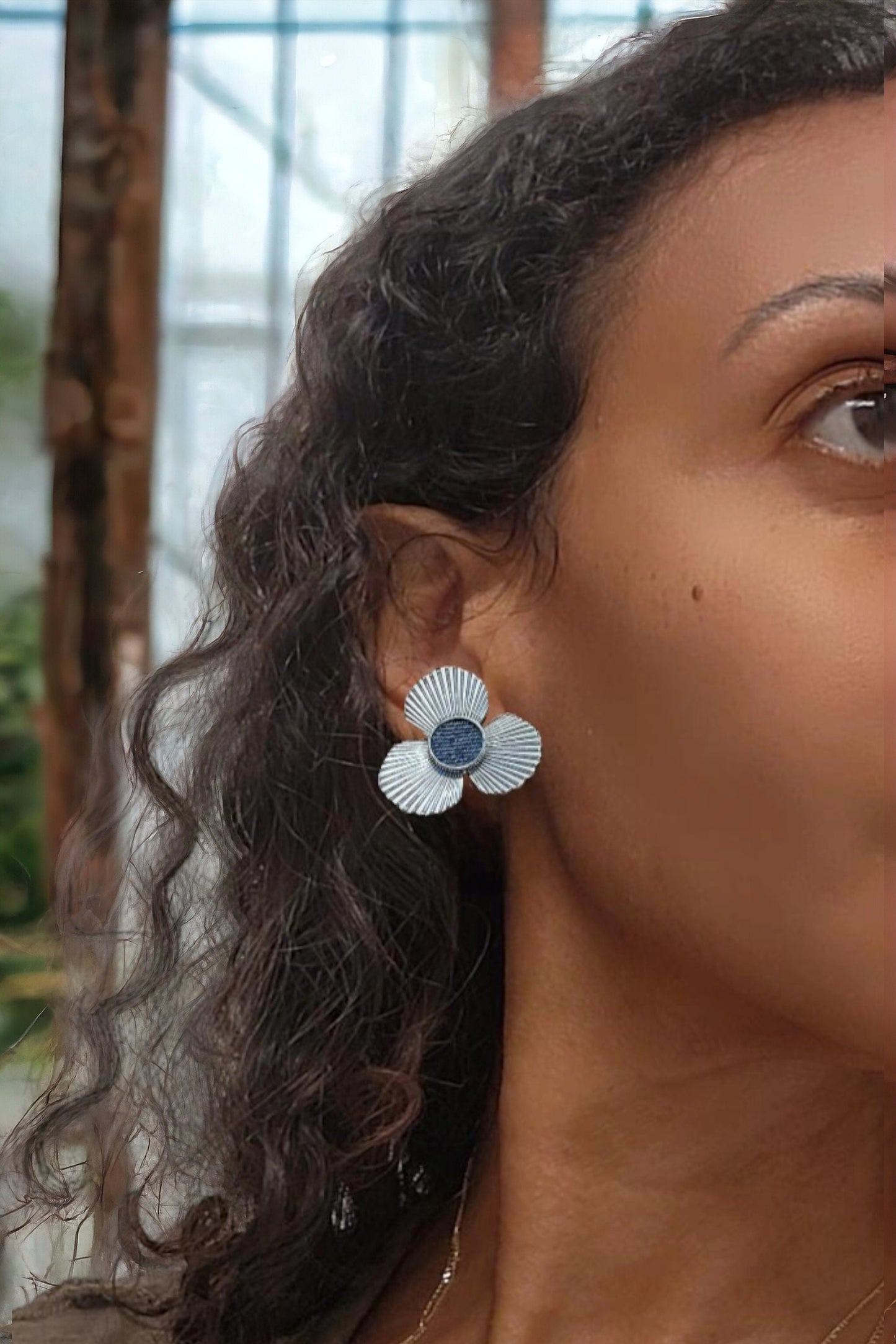 Denim Round post flower Earrings- Gold stainless steel Jean