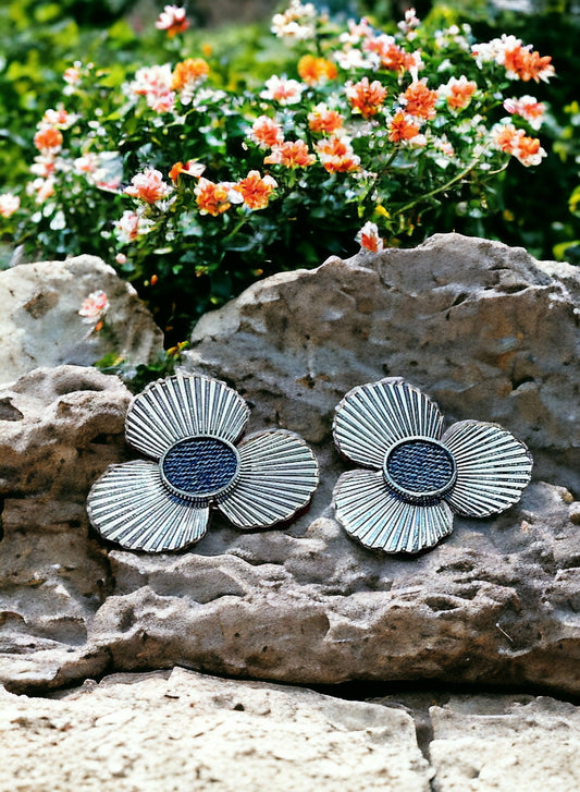 Denim Round post flower Earrings- Silver stainless steel Jean