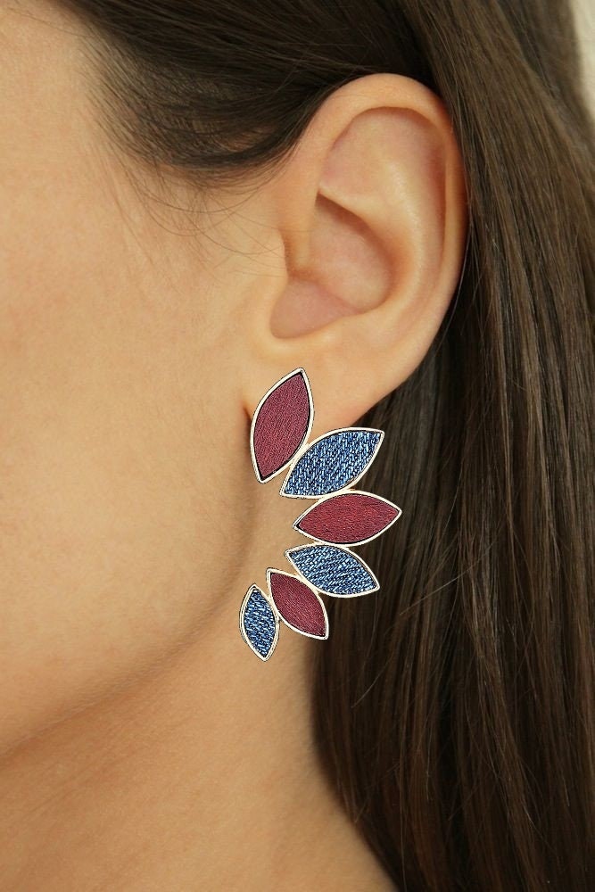 Denim Stud Earrings- Leaf wreath Gold and wood Jean earrings