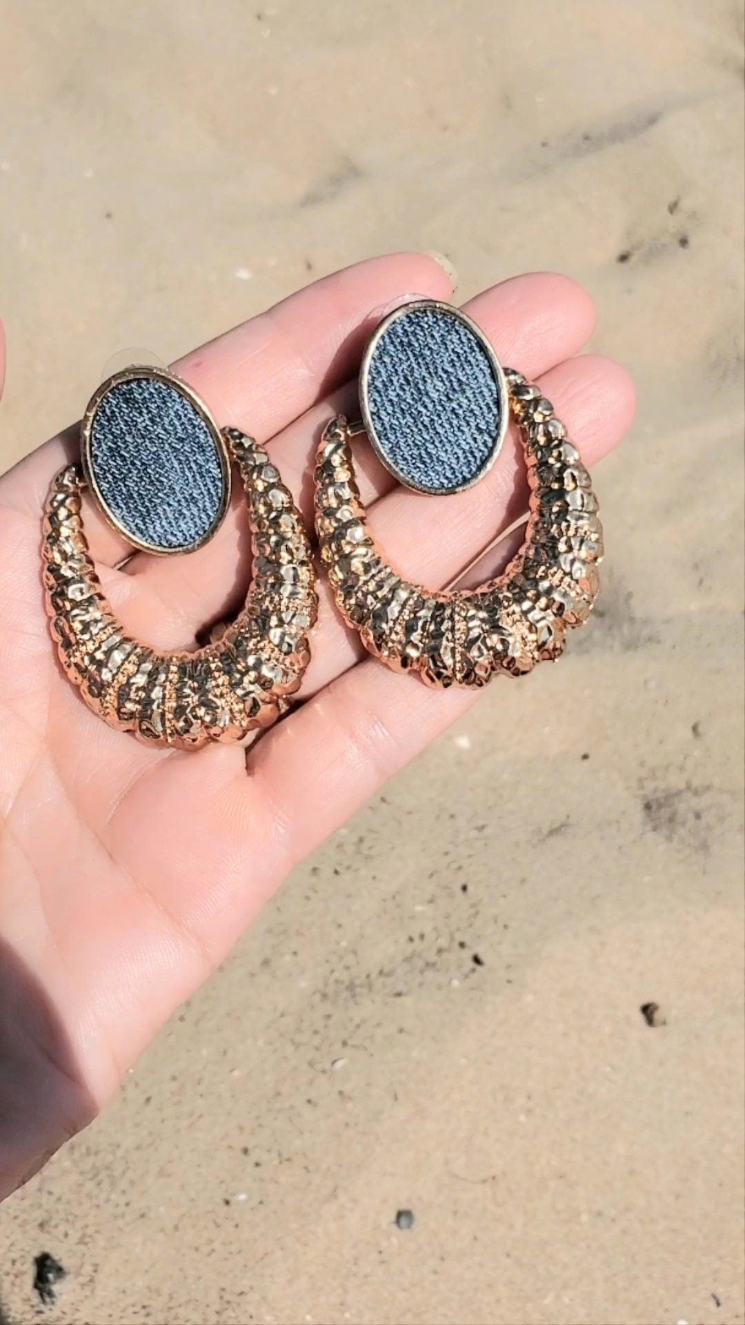 Denim Oval Stud Earrings- Doorknocker Gold plated Jean earrings