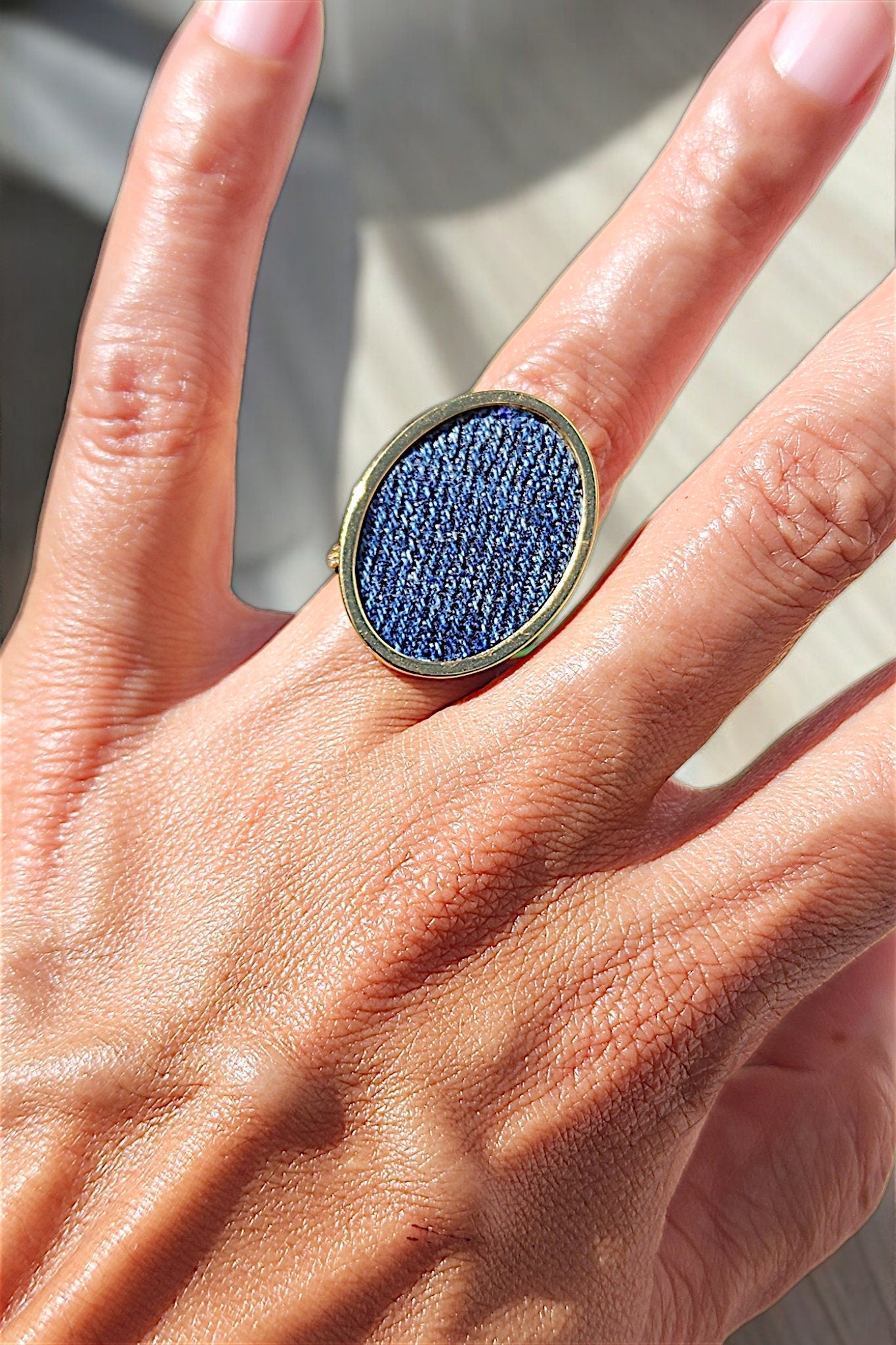 Denim Ring- Oval stainless steel silver or gold adjustable finger Jean Ring