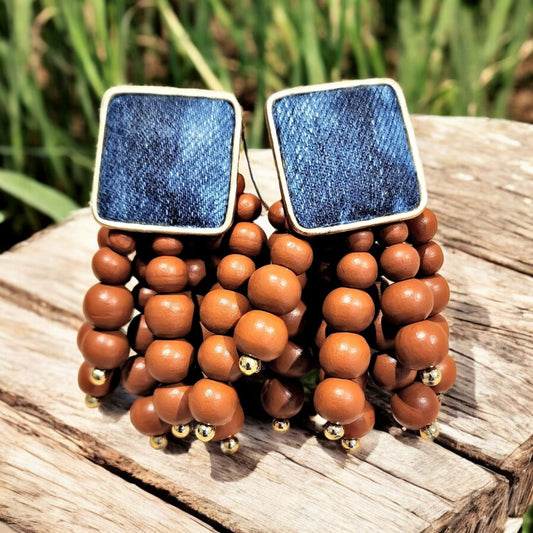 Denim Square Stud Bead Tassel Earrings- Gold plated Jean BROWN