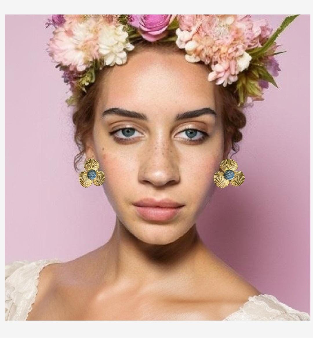 Denim Round post flower Earrings- Gold stainless steel Jean
