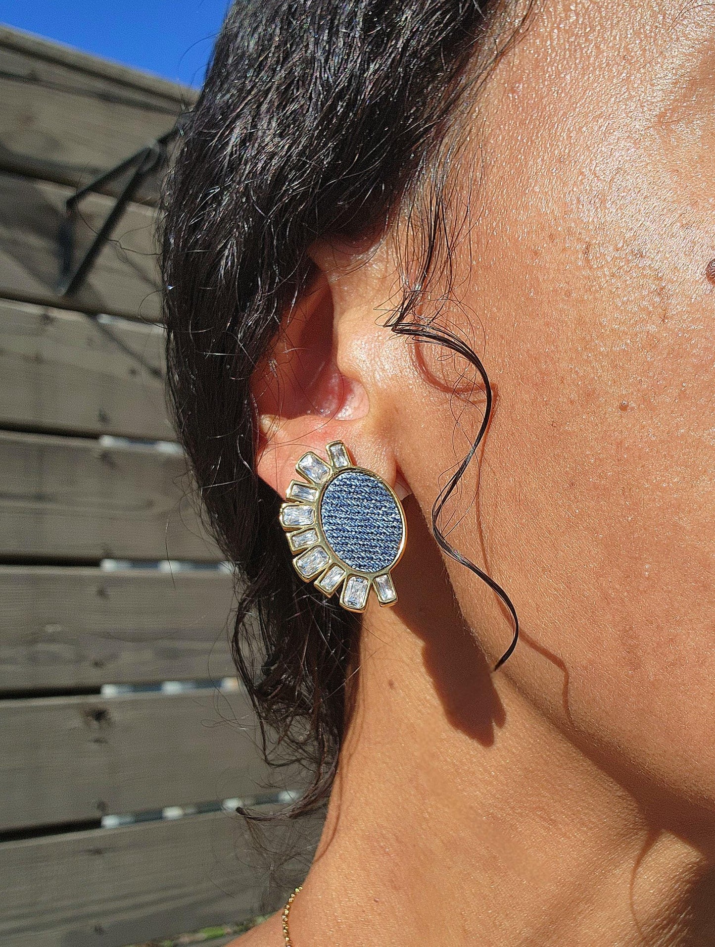 Denim Stud Earrings- GOLD stainless steel med washed Jean crystal eye earrings