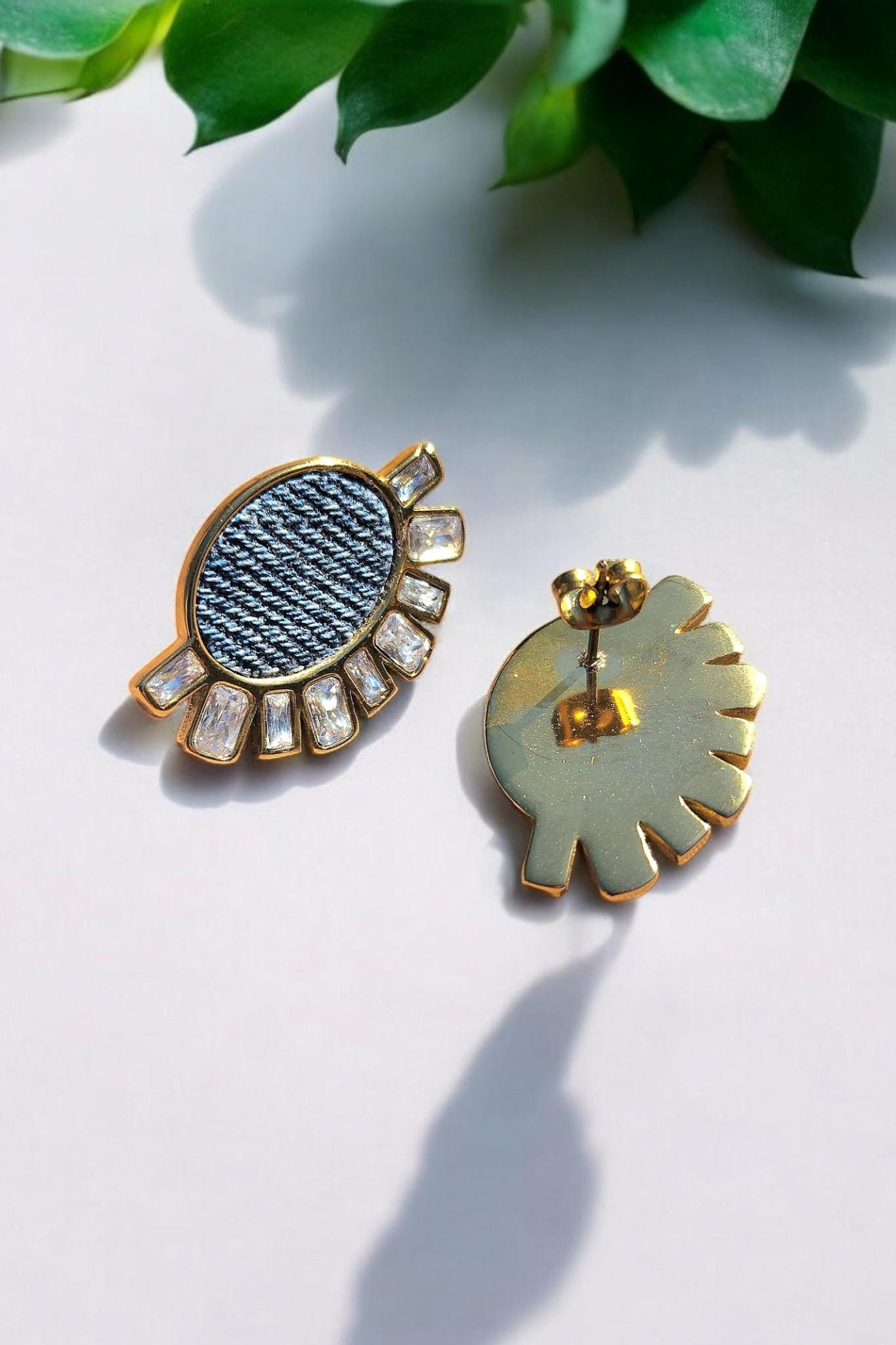 Denim Stud Earrings- GOLD stainless steel med washed Jean crystal eye earrings