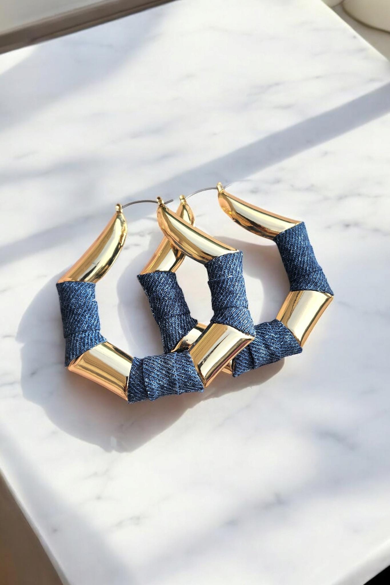 Denim Earrings- LARGE geometric hoop jean bamboo earrings