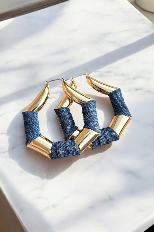 Denim Earrings- LARGE geometric hoop jean bamboo earrings