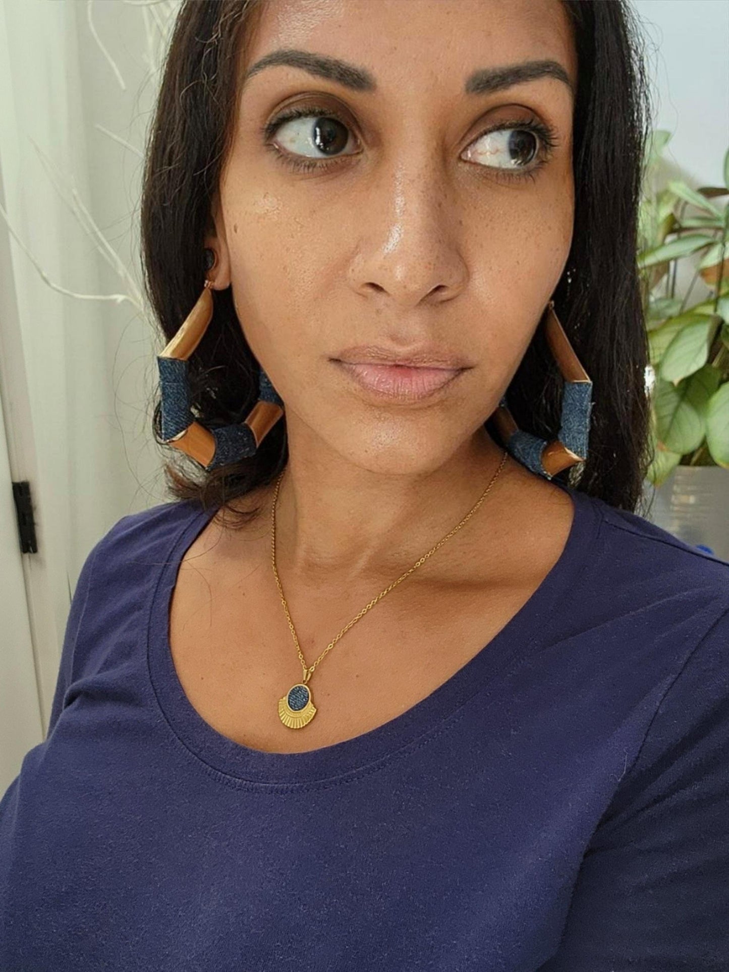 Denim Earrings- LARGE geometric hoop jean bamboo earrings