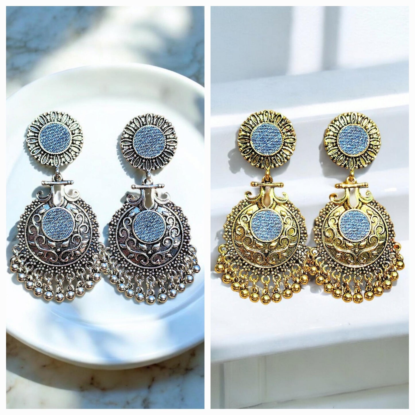 Denim Earrings- Bali Round post Beyonce Jean