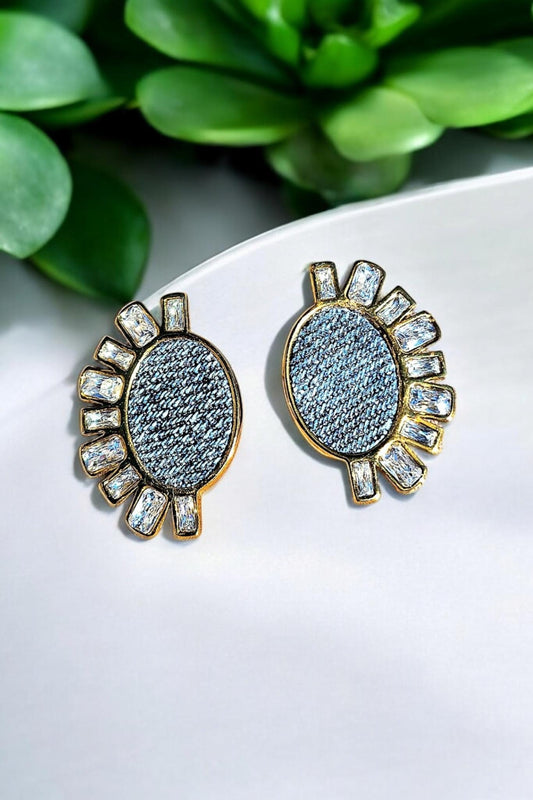 Denim Stud Earrings- GOLD stainless steel med washed Jean crystal eye earrings