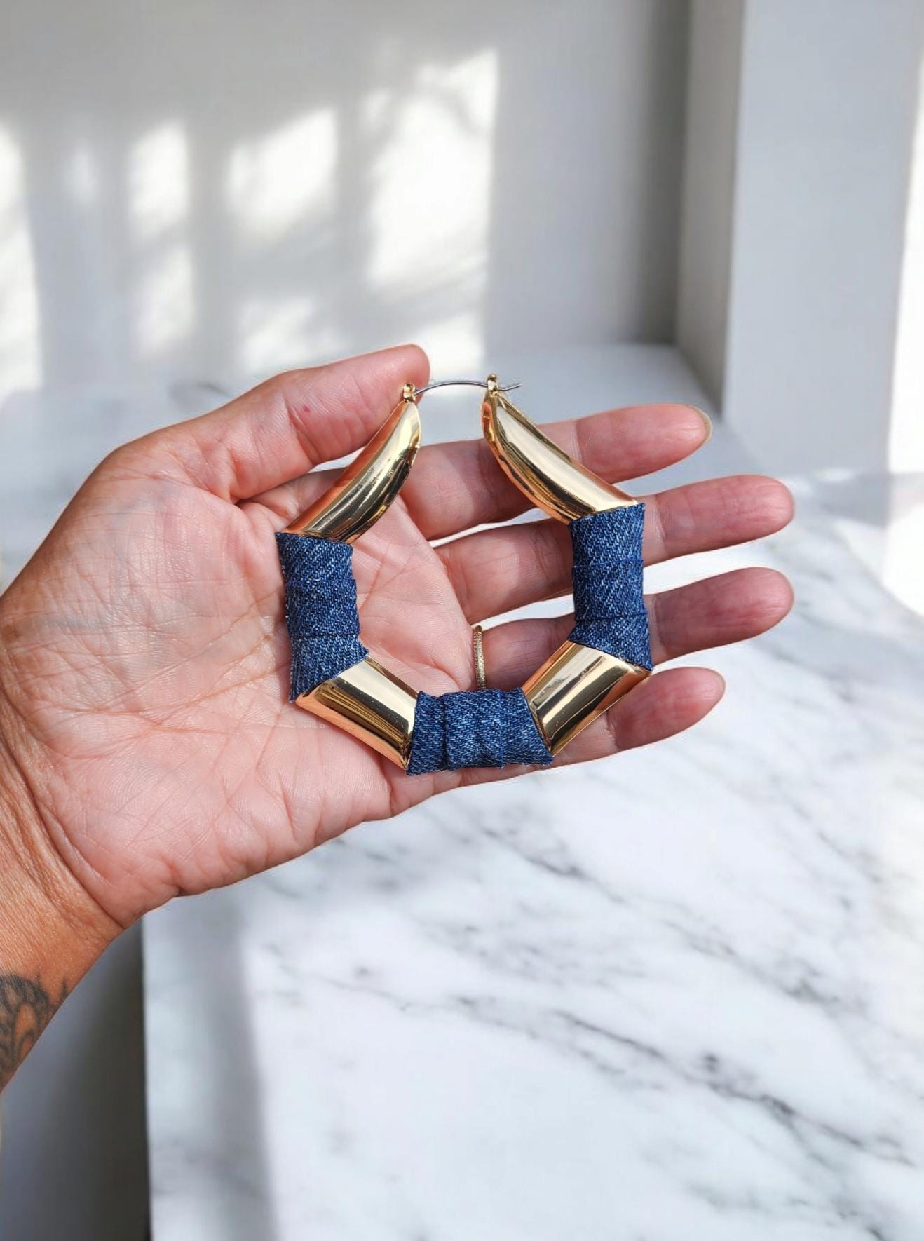 Denim Earrings- LARGE geometric hoop jean bamboo earrings