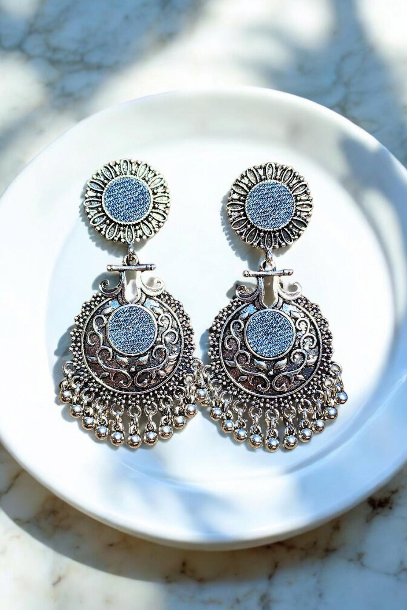 Denim Earrings- Bali Round post Beyonce Jean