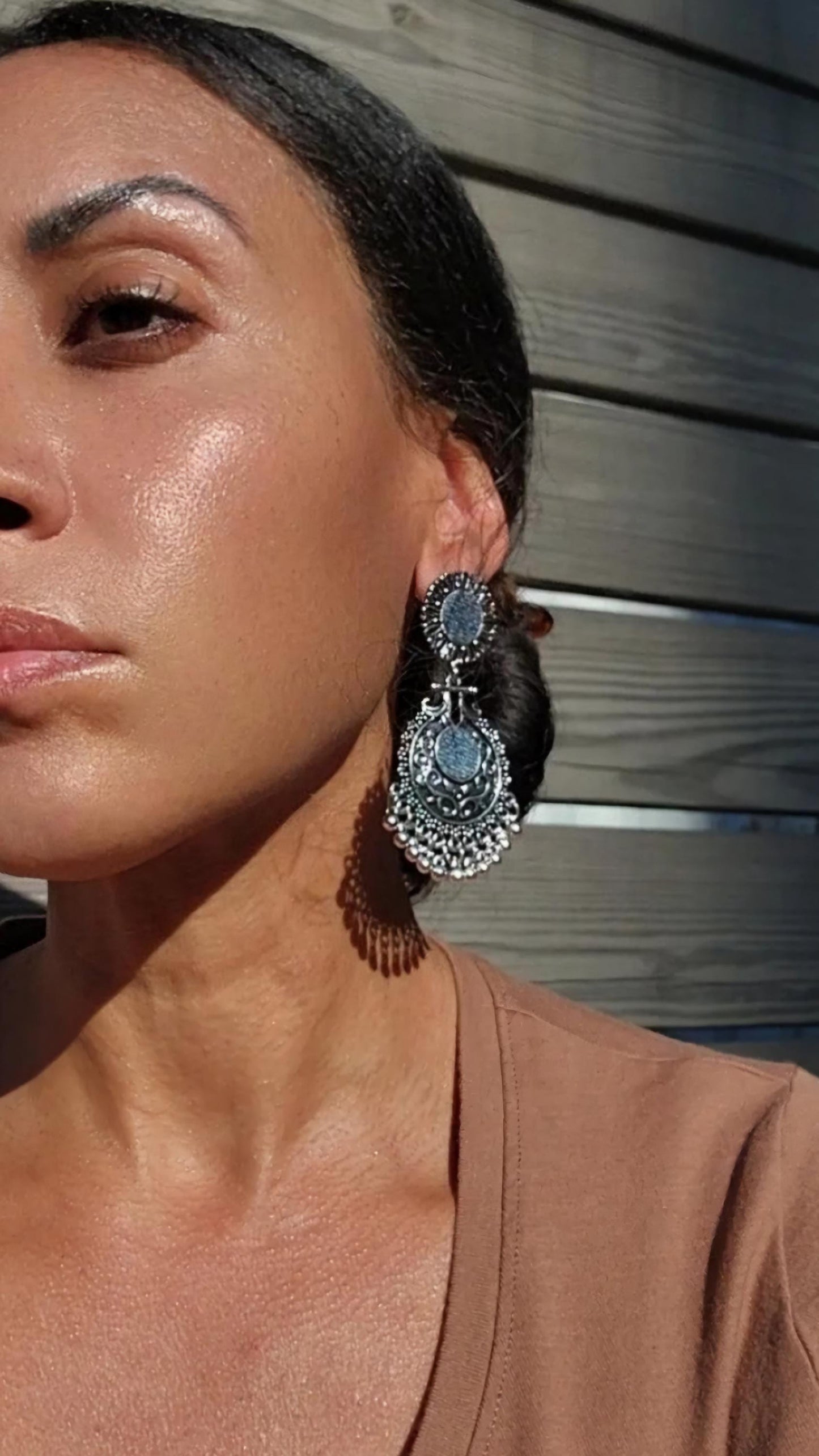 Denim Earrings- Bali Round post Beyonce Jean