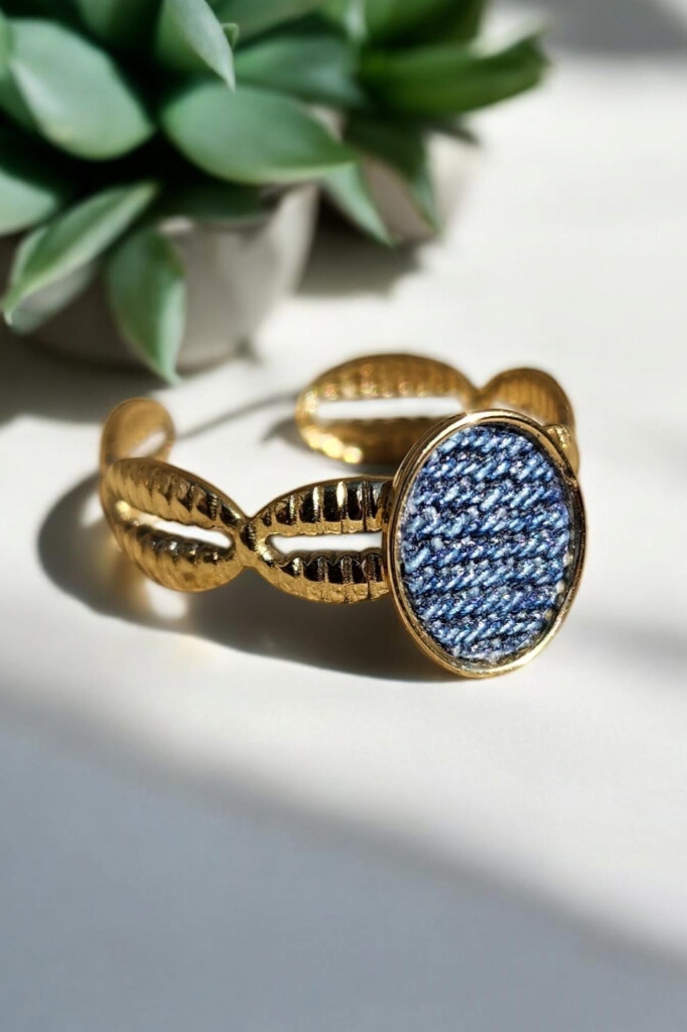 Denim Ring- Oval Gold cowrie band stainless steel adjustable finger Jean Ring