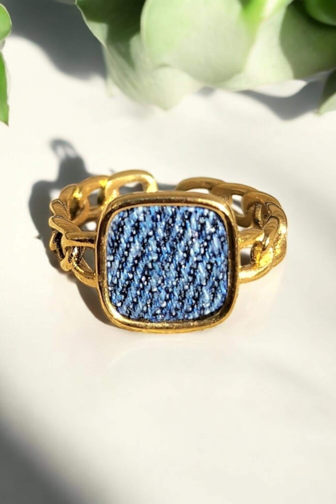 Denim Ring- Square chain band Gold stainless steel adjustable finger Jean Ring