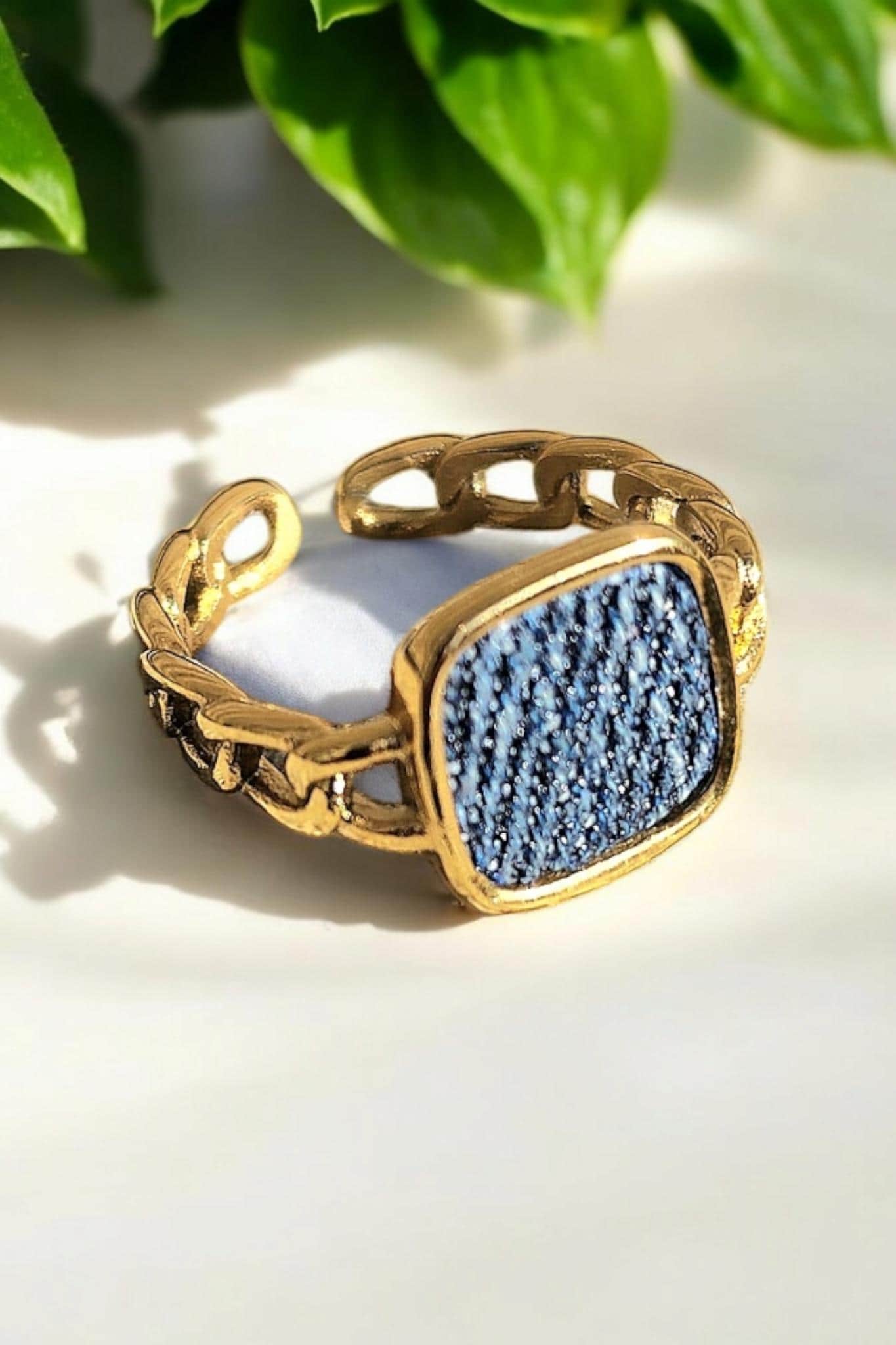 Denim Ring- Square chain band Gold stainless steel adjustable finger J ...