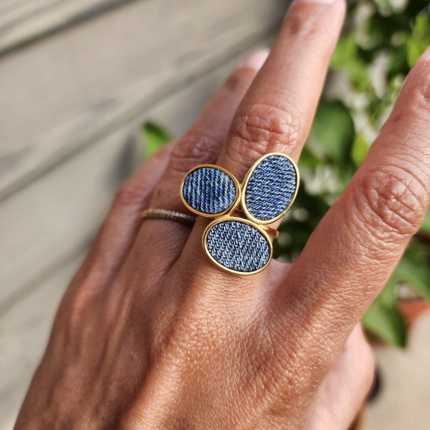 Denim Ring- tri oval Gold stainless steel adjustable finger Jean Ring