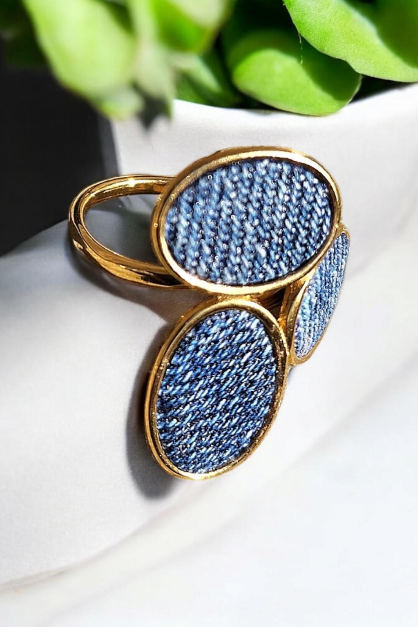 Denim Ring- tri oval Gold stainless steel adjustable finger Jean Ring