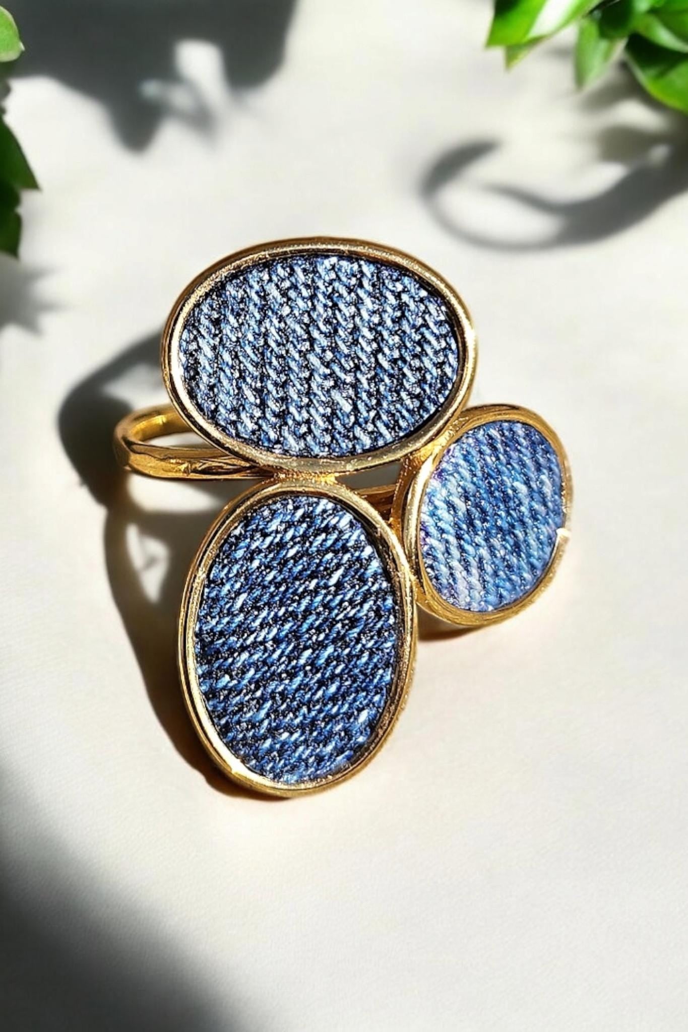 Denim Ring- tri oval Gold stainless steel adjustable finger Jean Ring
