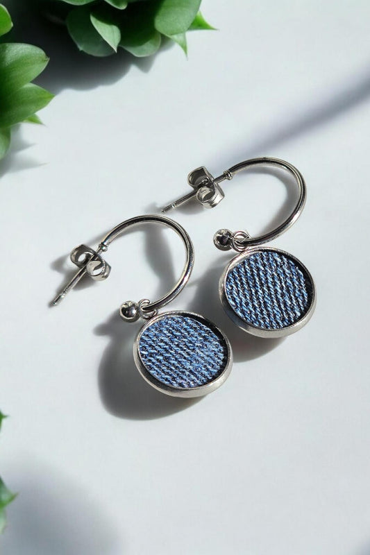 Denim Earrings- Denim Jean stainless steel hoop dangle