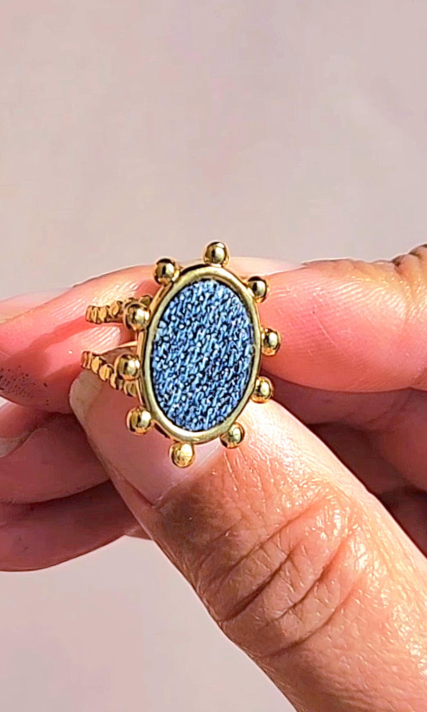 Denim Ring- Oval ball fan 18k gold stainless steel adjustable finger Jean Ring